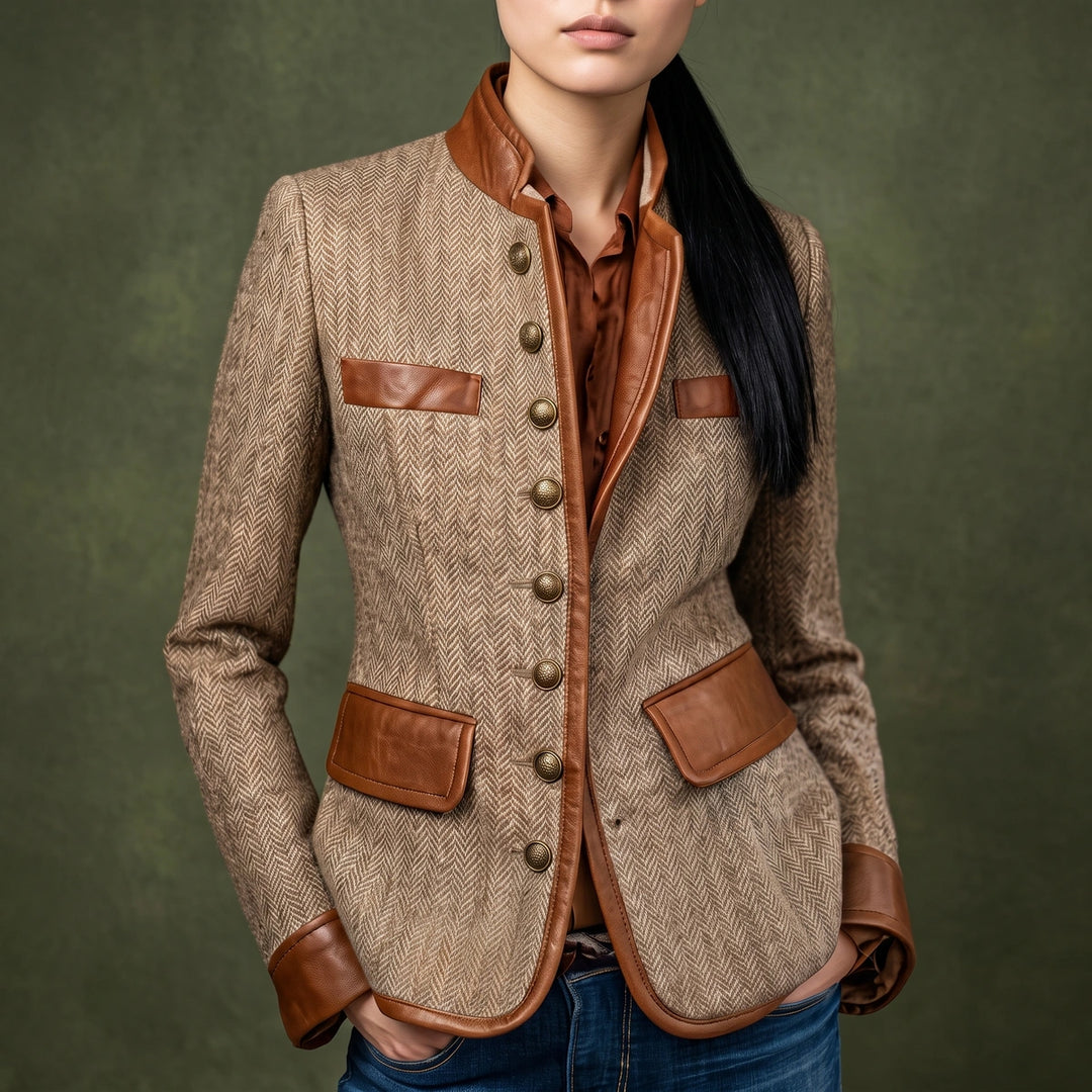 Aveline Herringbone Tweed Stand Collar Jacket - Brown