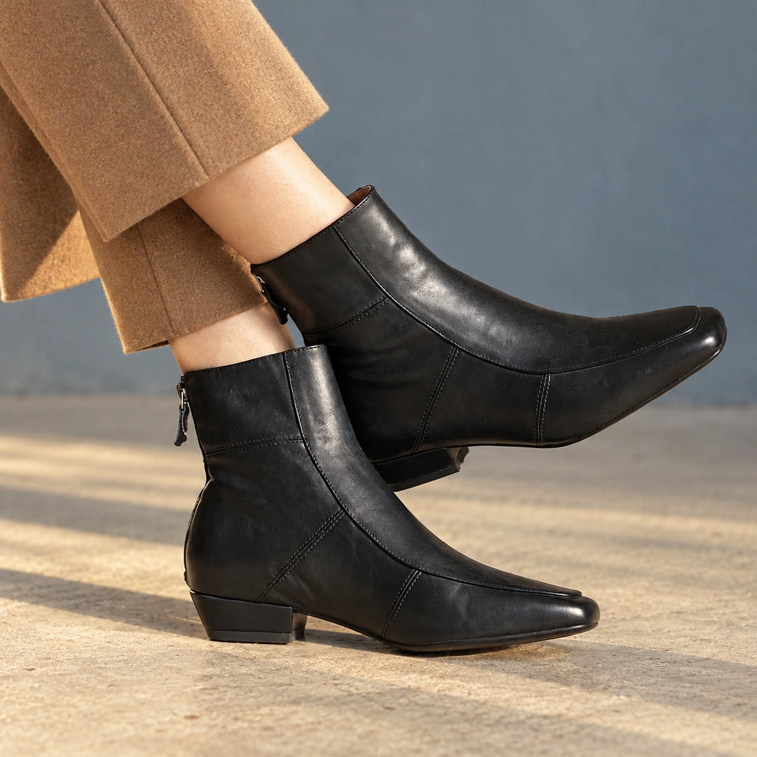 Avery Genuine Leather Square Toe Block Heel Boots - Black