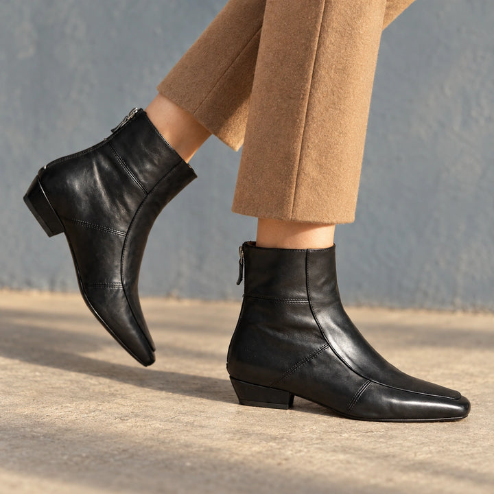 Avery Genuine Leather Square Toe Block Heel Boots - Black