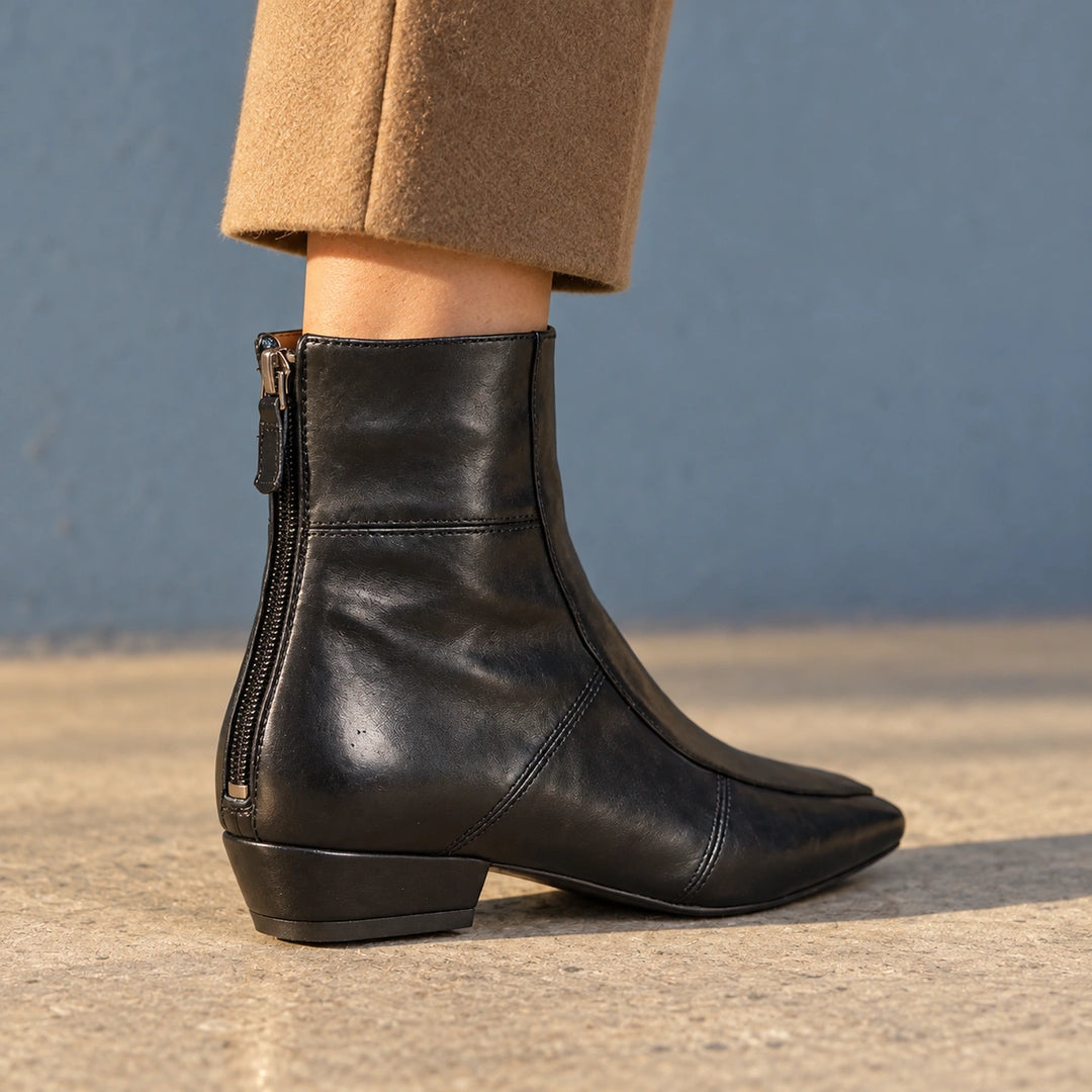 Avery Genuine Leather Square Toe Block Heel Boots - Black