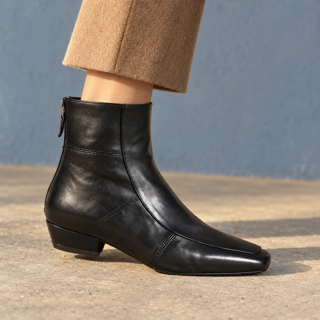 Avery Genuine Leather Square Toe Block Heel Boots - Black