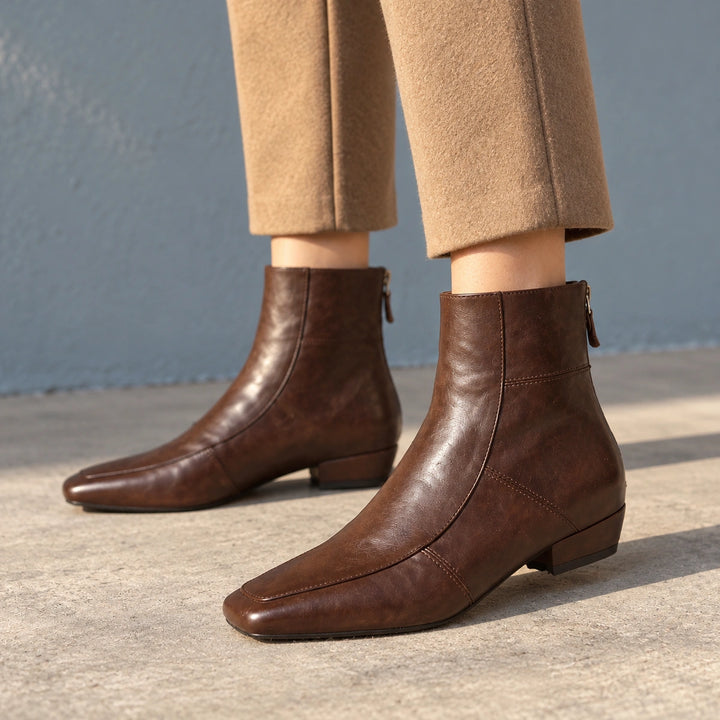 Avery Genuine Leather Square Toe Block Heel Boots - Brown