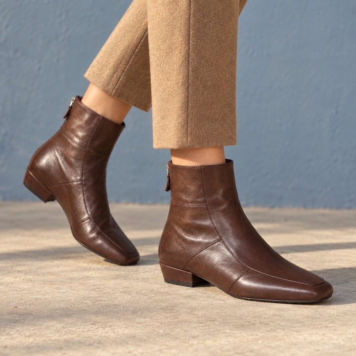 Avery Genuine Leather Square Toe Block Heel Boots - Brown