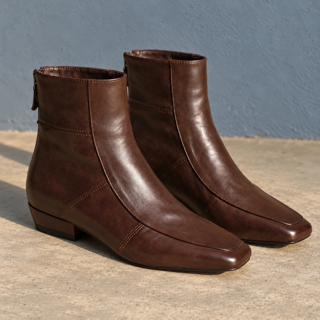 Avery Genuine Leather Square Toe Block Heel Boots - Brown