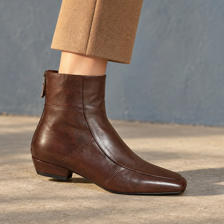 Avery Genuine Leather Square Toe Block Heel Boots - Brown