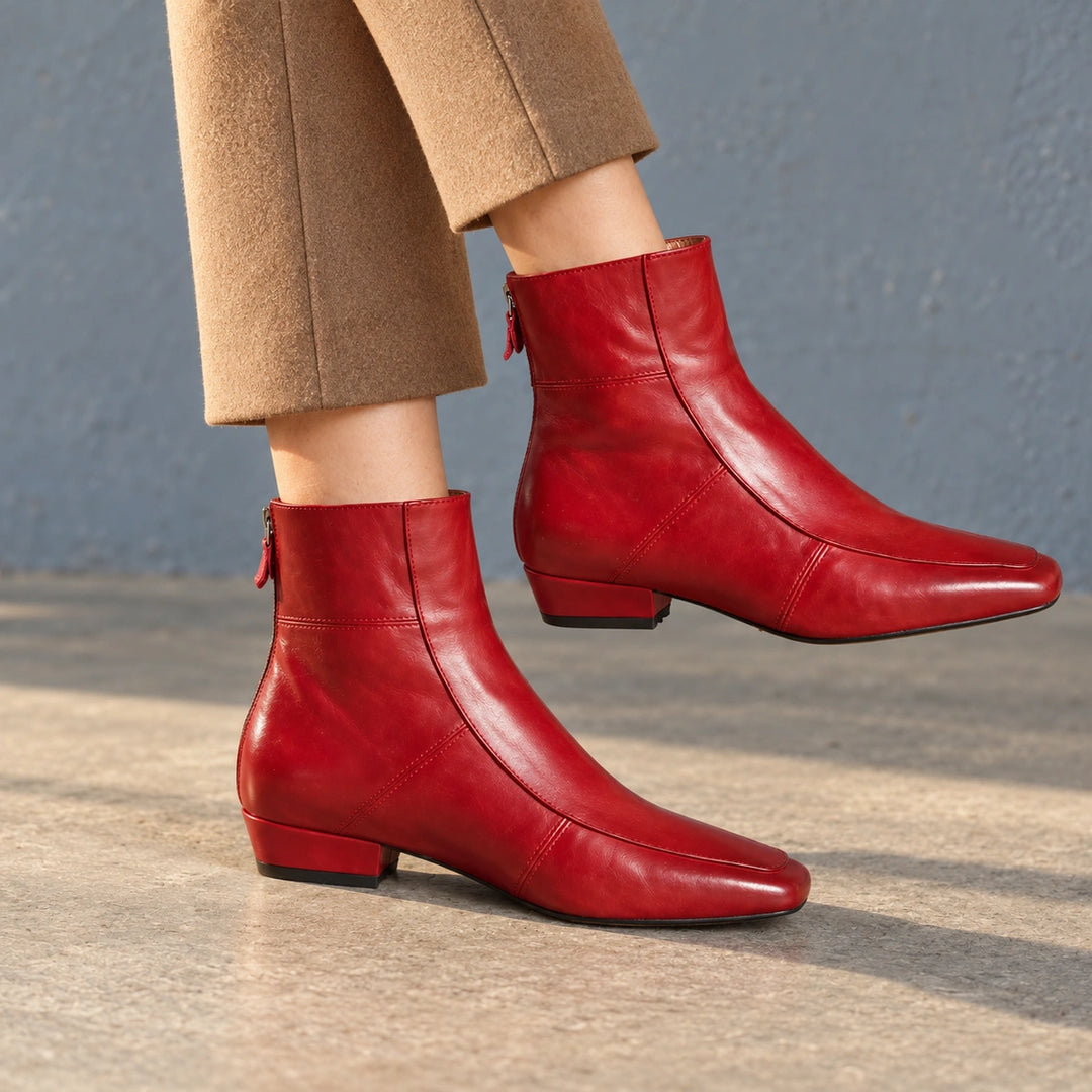 Avery Genuine Leather Square Toe Block Heel Boots - Red