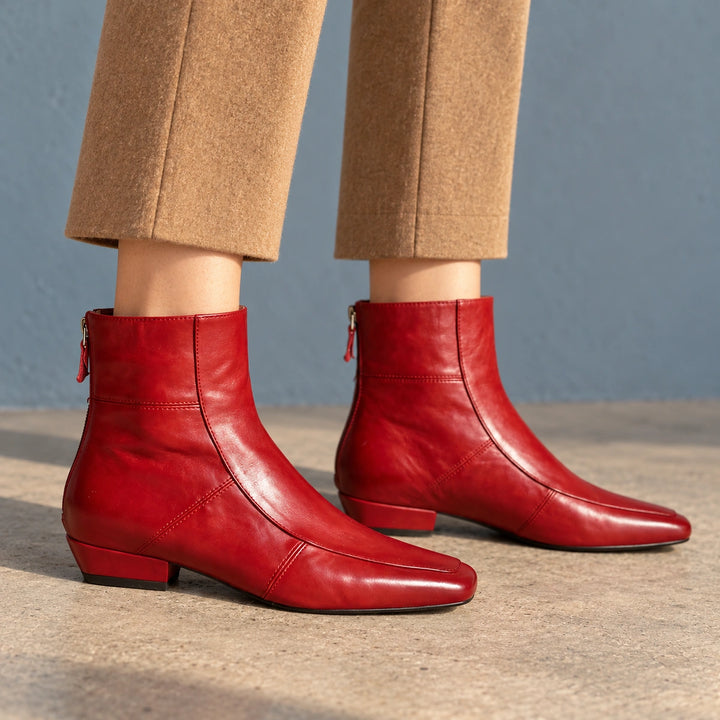 Avery Genuine Leather Square Toe Block Heel Boots - Red