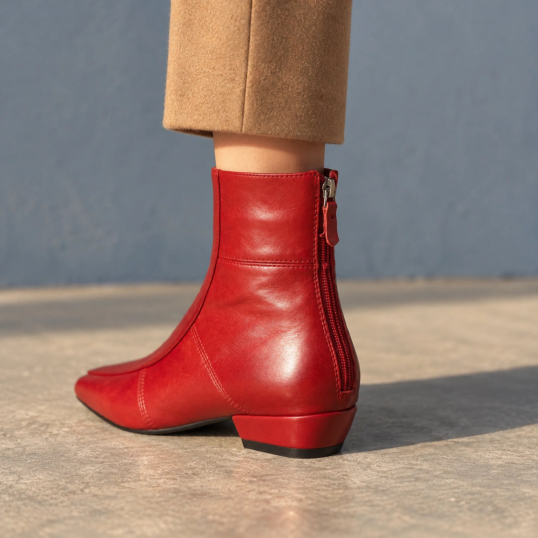 Avery Genuine Leather Square Toe Block Heel Boots - Red
