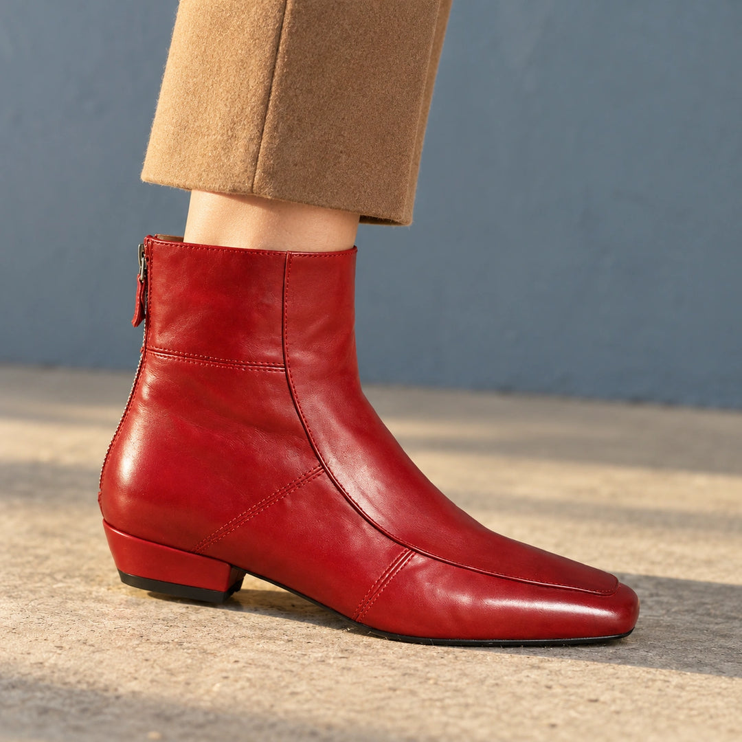 Avery Genuine Leather Square Toe Block Heel Boots - Red