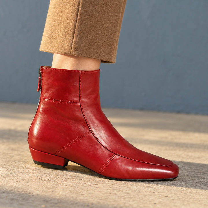 Avery Genuine Leather Square Toe Block Heel Boots - Red
