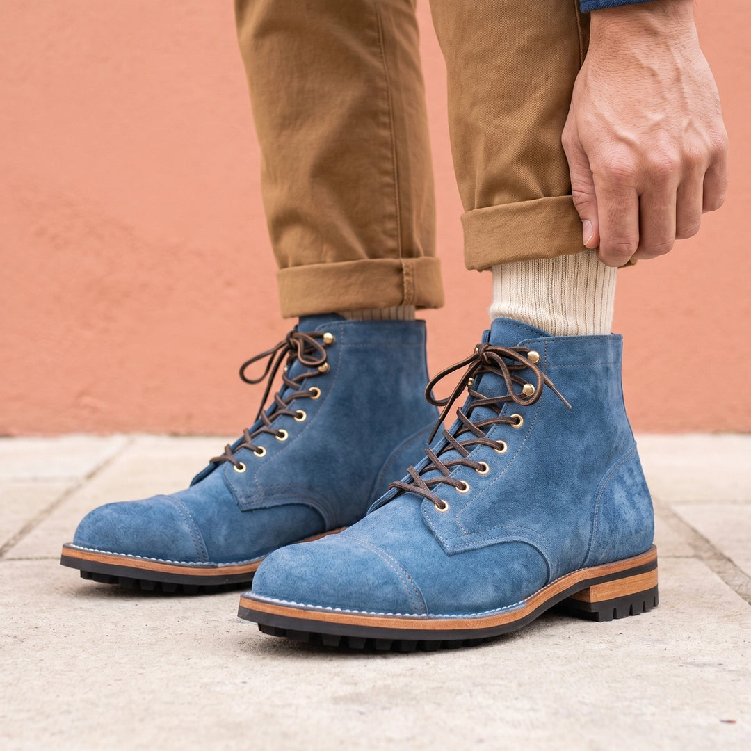 Baldric Vegan Leather Rugged Lace Up Ankle Boots - Blue