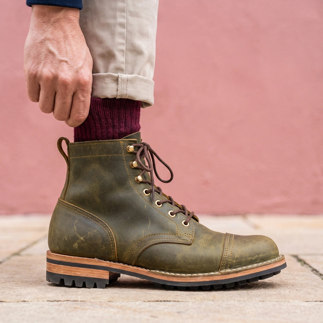 Baldric Vegan Leather Rugged Lace Up Ankle Boots - Olive