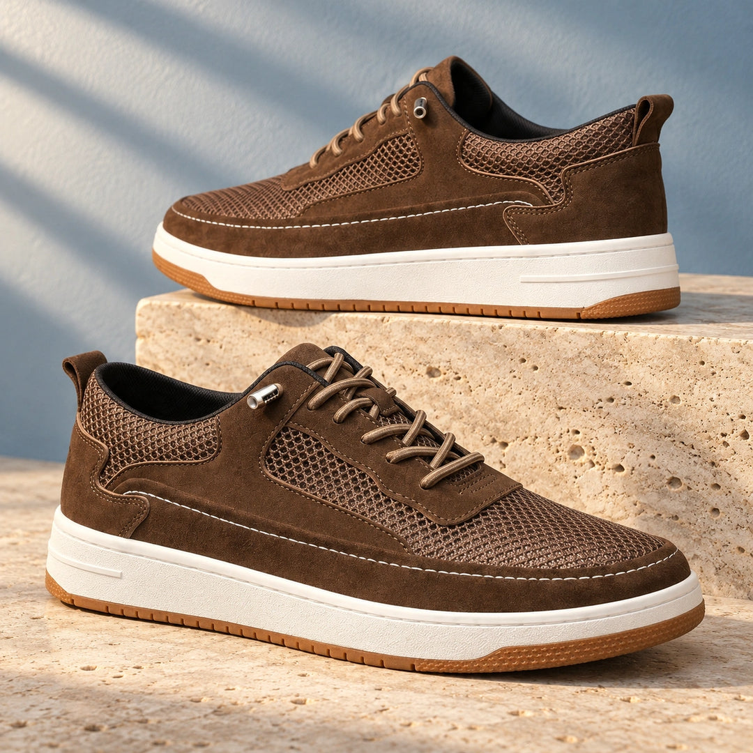 Barry Orthopedic Leather Mesh Court Sneakers - Brown