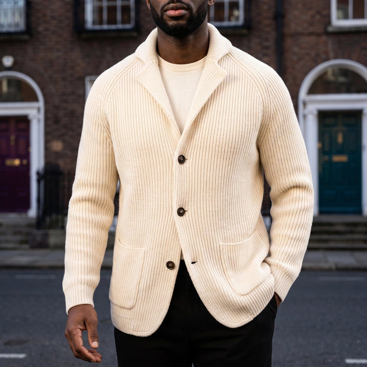 Bastian Rib Knit Shawl Collar Cardigan - Beige