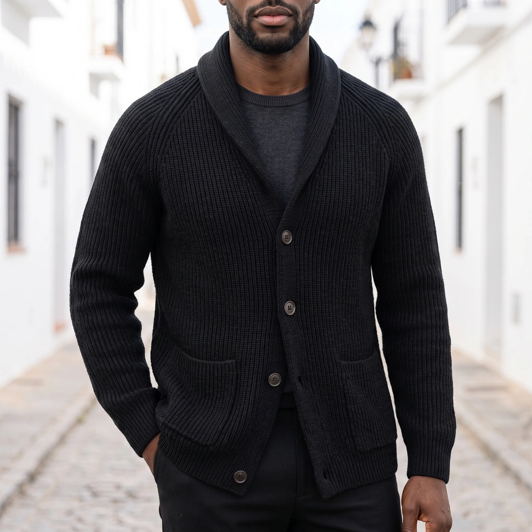 Bastian Rib Knit Shawl Collar Cardigan - Black