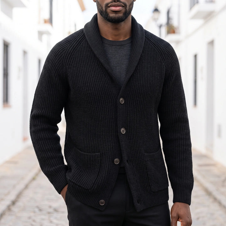 Bastian Rib Knit Shawl Collar Cardigan - Black
