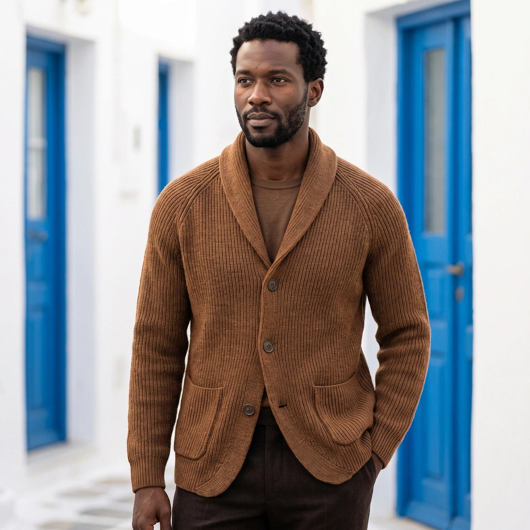 Bastian Rib Knit Shawl Collar Cardigan - Brown