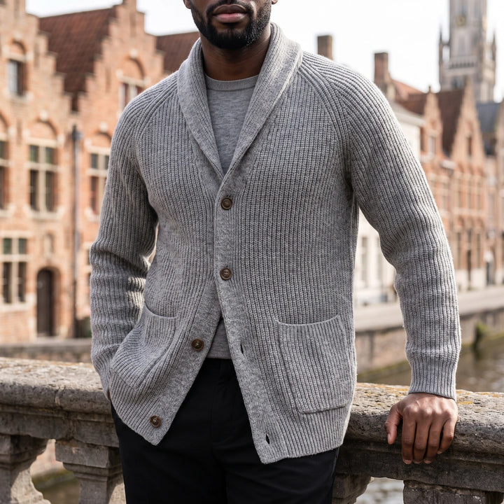 Bastian Rib Knit Shawl Collar Cardigan - Gray