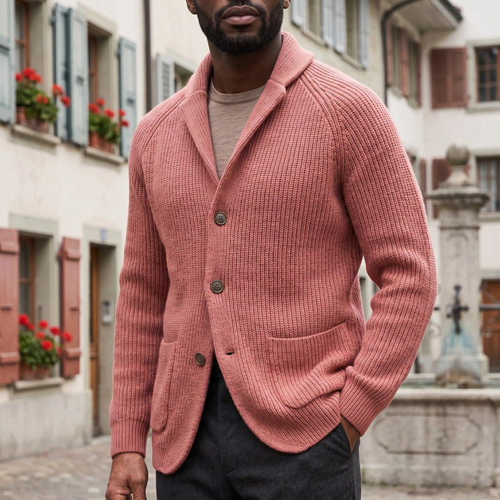 Bastian Rib Knit Shawl Collar Cardigan - Salmon