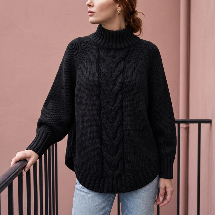 Bernadette Wool Blend Chunky Cable Turtleneck Sweater - Black
