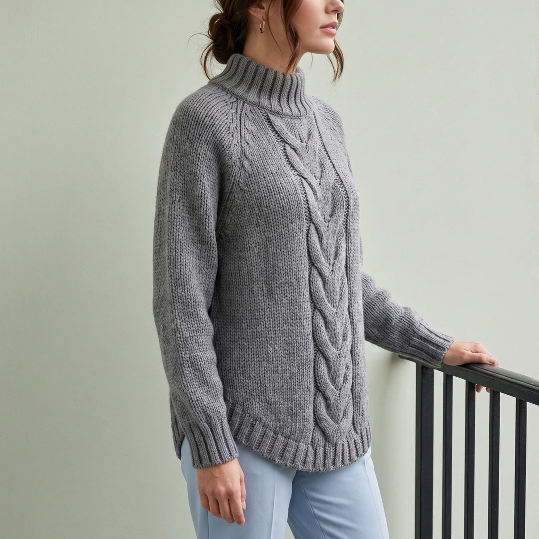 Bernadette Wool Blend Chunky Cable Turtleneck Sweater - Gray
