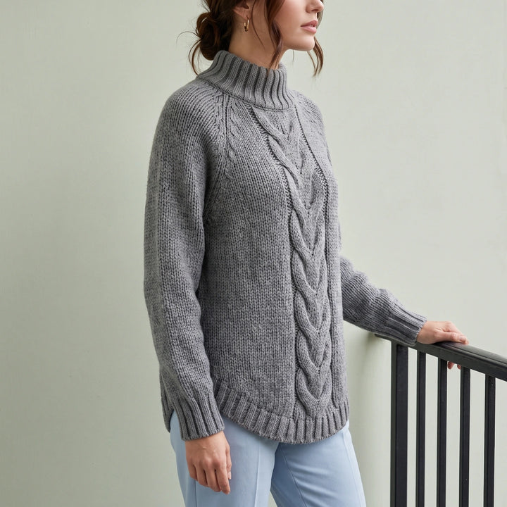 Bernadette Wool Blend Chunky Cable Turtleneck Sweater - Gray