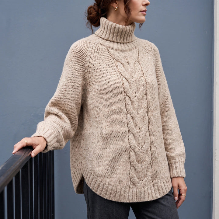 Bernadette Wool Blend Chunky Cable Turtleneck Sweater - Khaki