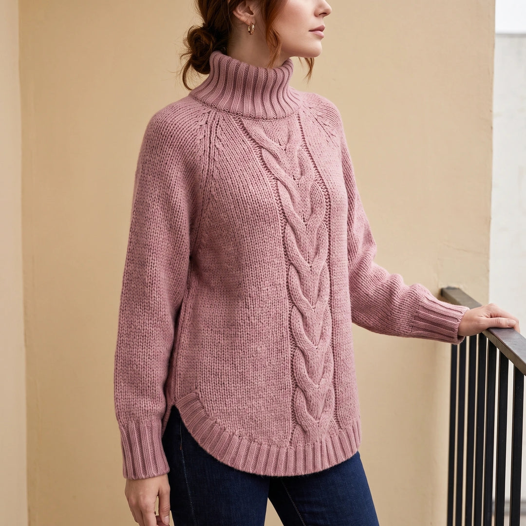 Bernadette Wool Blend Chunky Cable Turtleneck Sweater - Pink