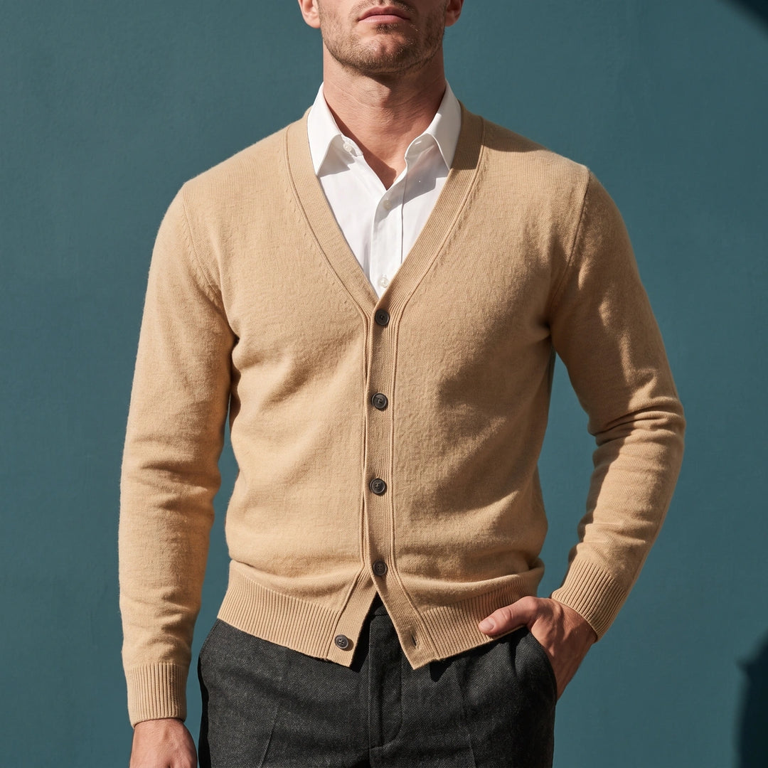 Bertrand Fine Gauge Cashmere V Neck Cardigan - Beige