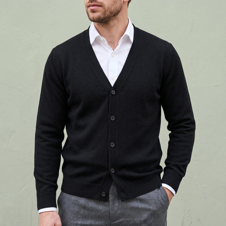 Bertrand Fine Gauge Cashmere V Neck Cardigan - Black