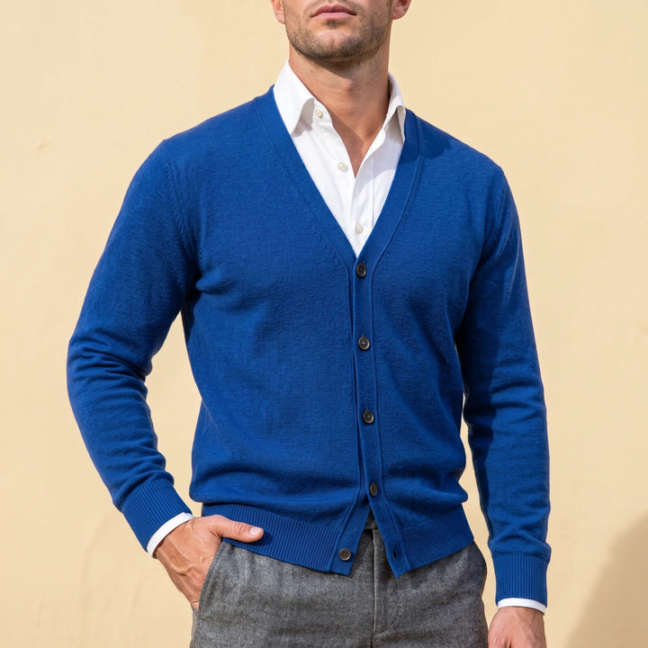 Bertrand Fine Gauge Cashmere V Neck Cardigan - Blue
