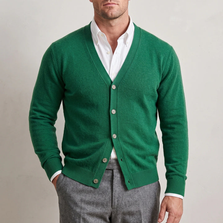 Bertrand Fine Gauge Cashmere V Neck Cardigan - Green
