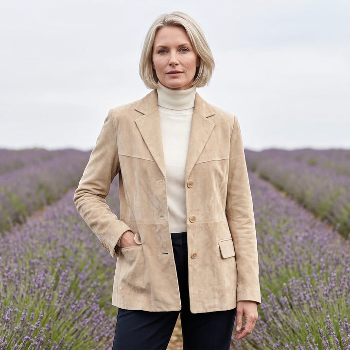 Bettany Suede Yoke Seam Relaxed Blazer - Beige