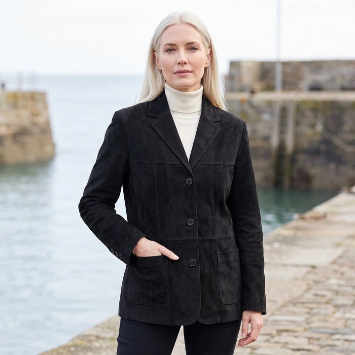 Bettany Suede Yoke Seam Relaxed Blazer - Black