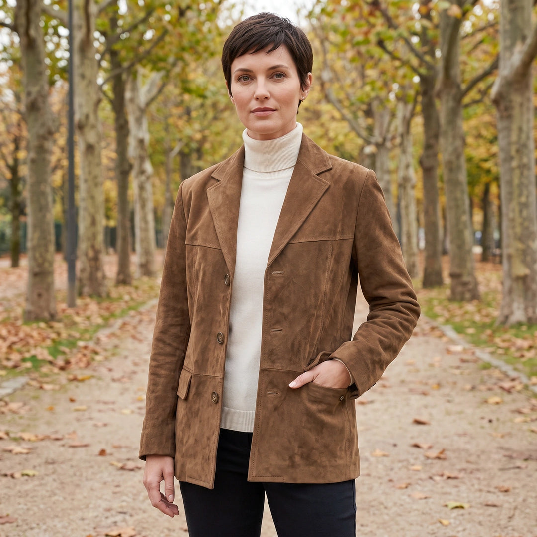 Bettany Suede Yoke Seam Relaxed Blazer - Brown