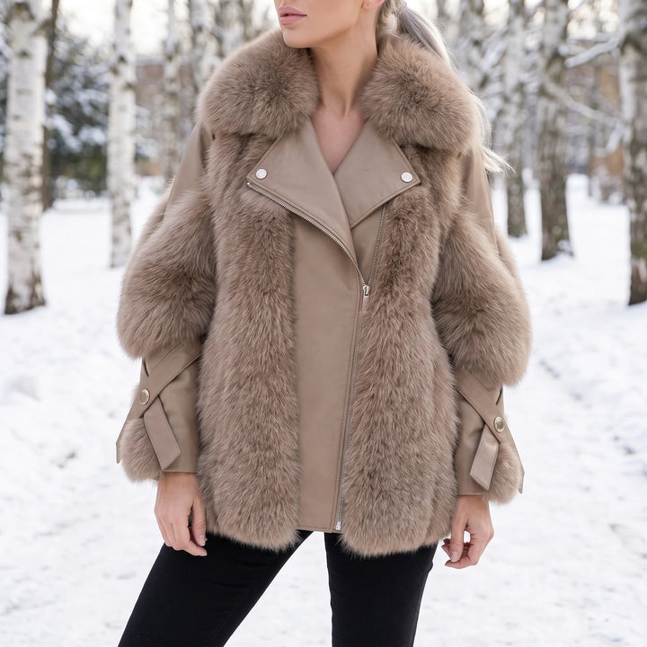 Blanchette Faux Fur Vegan Leather Oversized Biker Jacket - Light Brown
