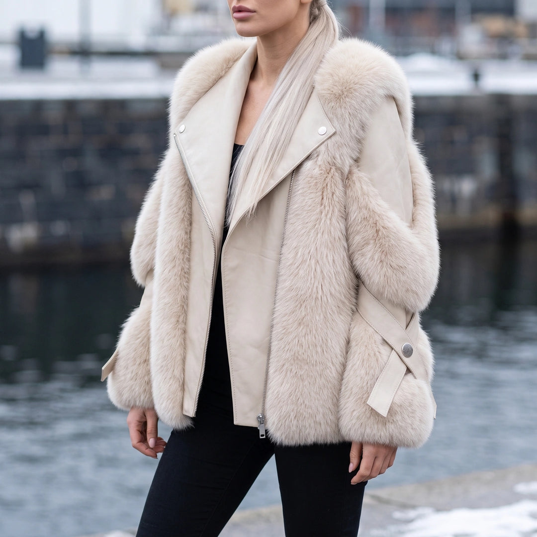 Blanchette Faux Fur Vegan Leather Oversized Biker Jacket - White