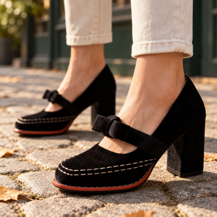 Bonnie Velvet Bow Mary Jane Block Heels - Black