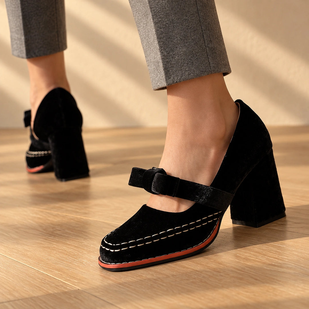 Bonnie Velvet Bow Mary Jane Block Heels - Black