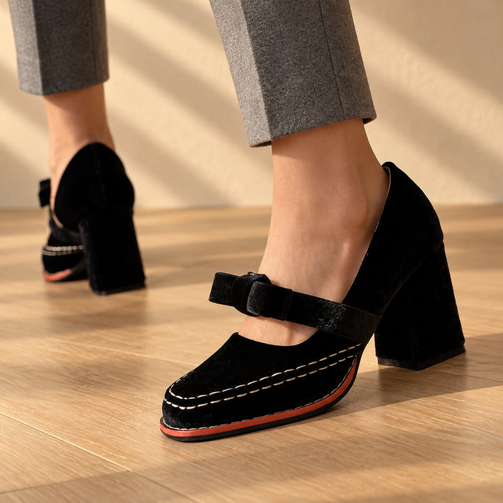 Bonnie Velvet Bow Mary Jane Block Heels - Black