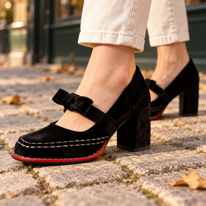 Bonnie Velvet Bow Mary Jane Block Heels - Black