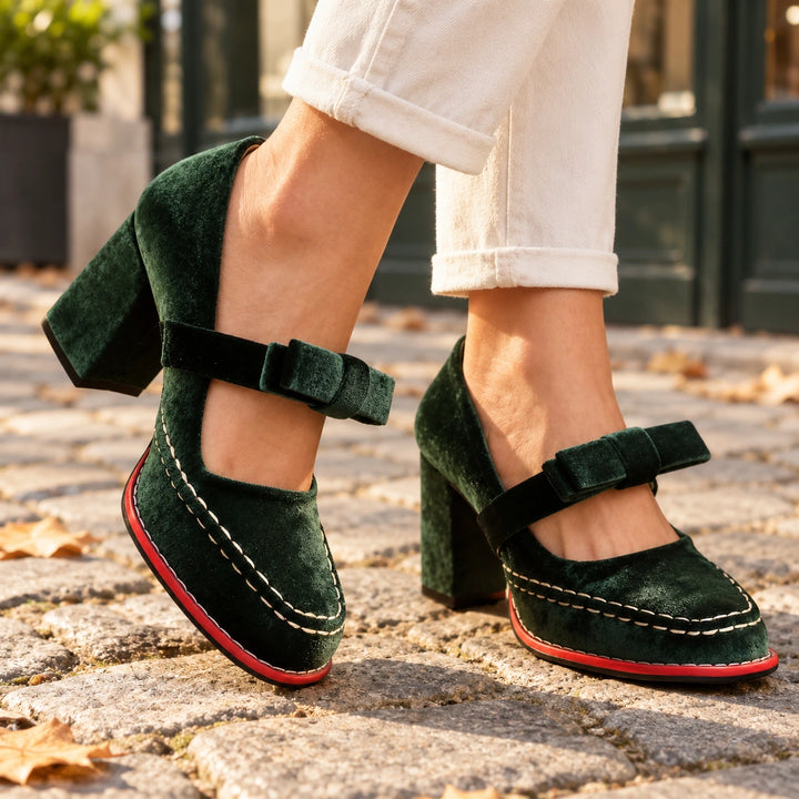 Bonnie Velvet Bow Mary Jane Block Heels - Green
