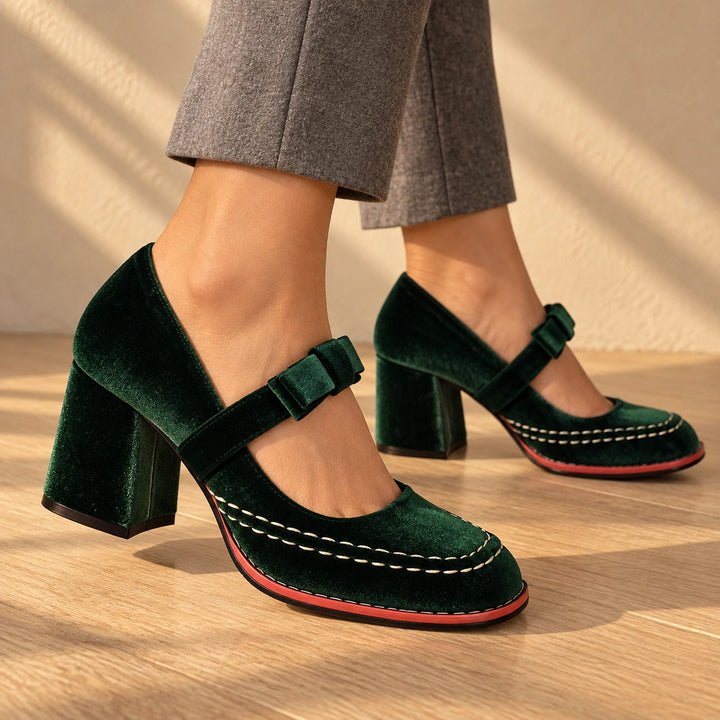Bonnie Velvet Bow Mary Jane Block Heels - Green