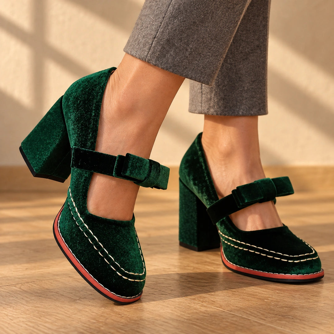 Bonnie Velvet Bow Mary Jane Block Heels - Green