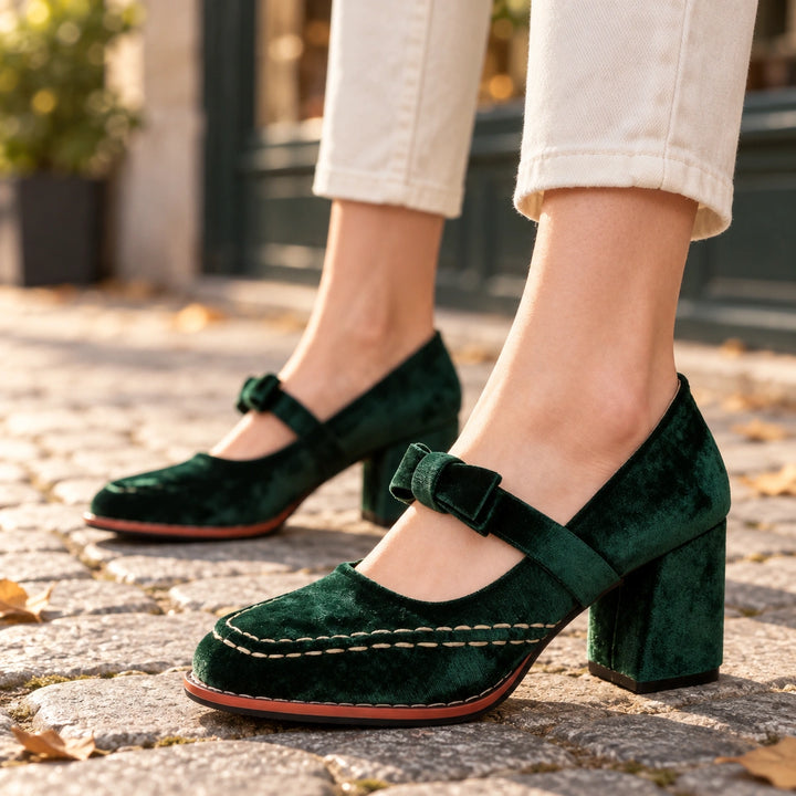 Bonnie Velvet Bow Mary Jane Block Heels - Green