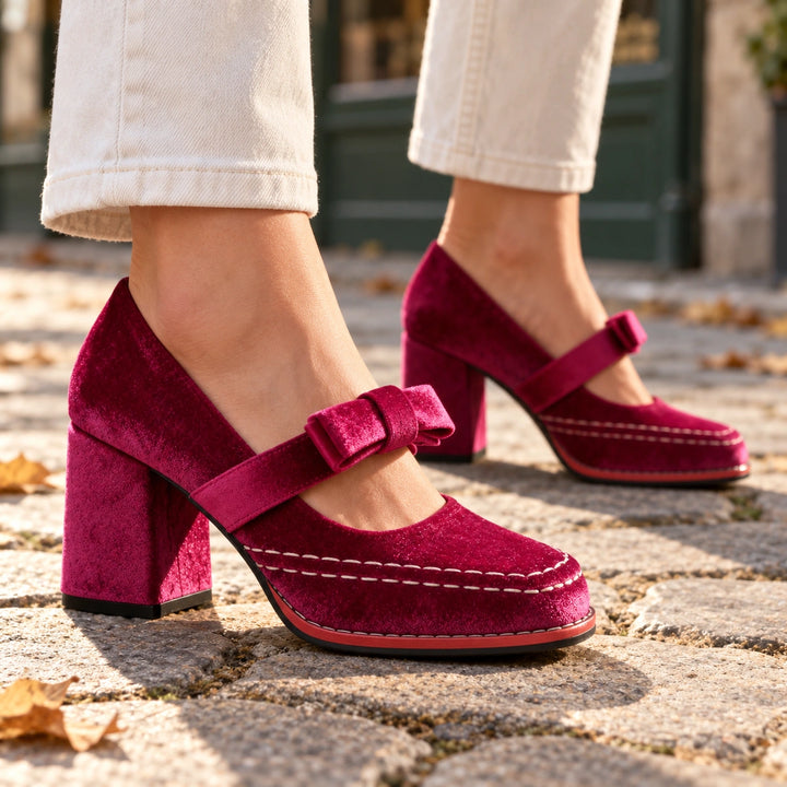 Bonnie Velvet Bow Mary Jane Block Heels - Pink