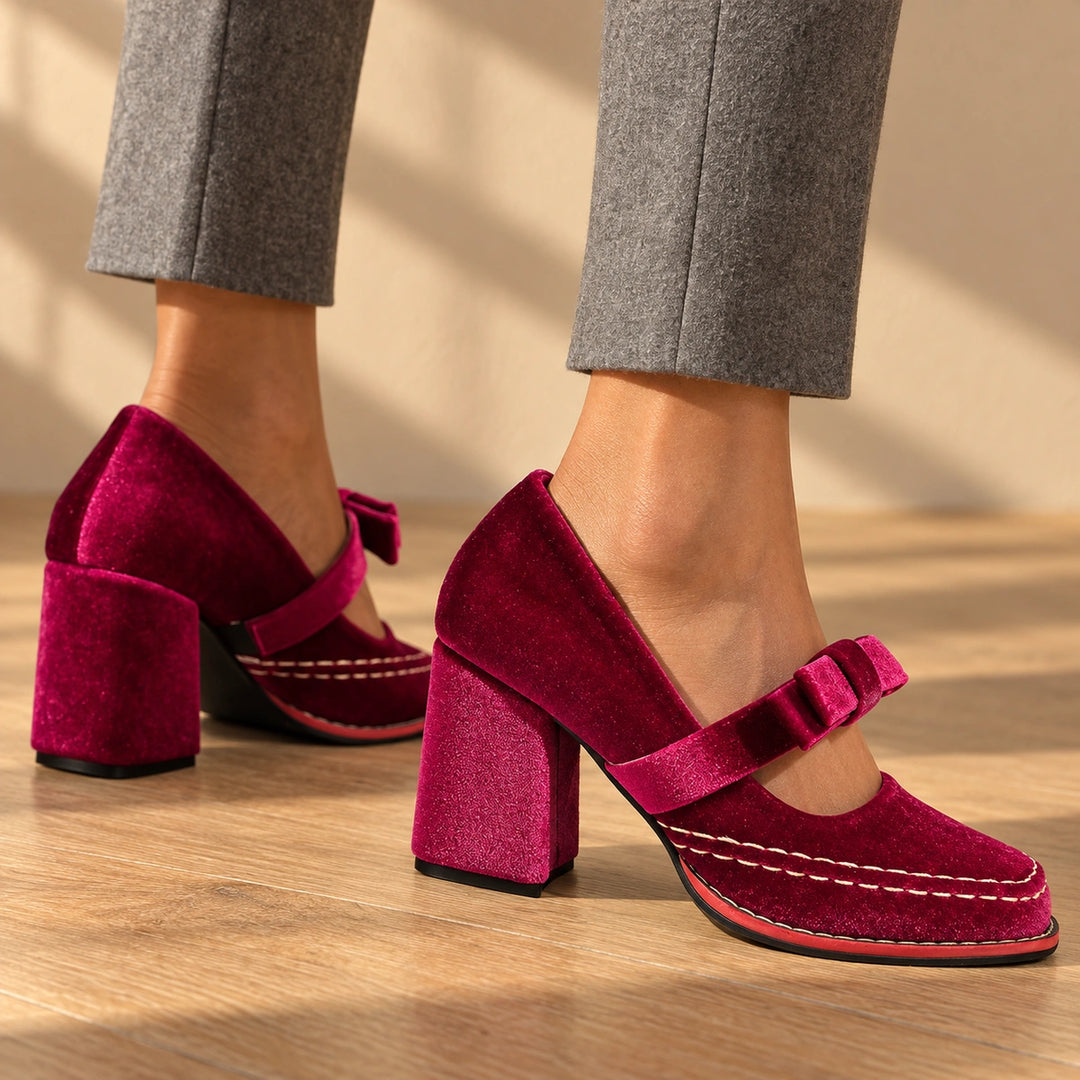Bonnie Velvet Bow Mary Jane Block Heels - Pink