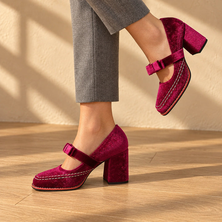 Bonnie Velvet Bow Mary Jane Block Heels - Pink