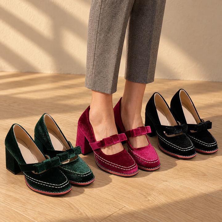 Bonnie Velvet Bow Mary Jane Block Heels - Pink