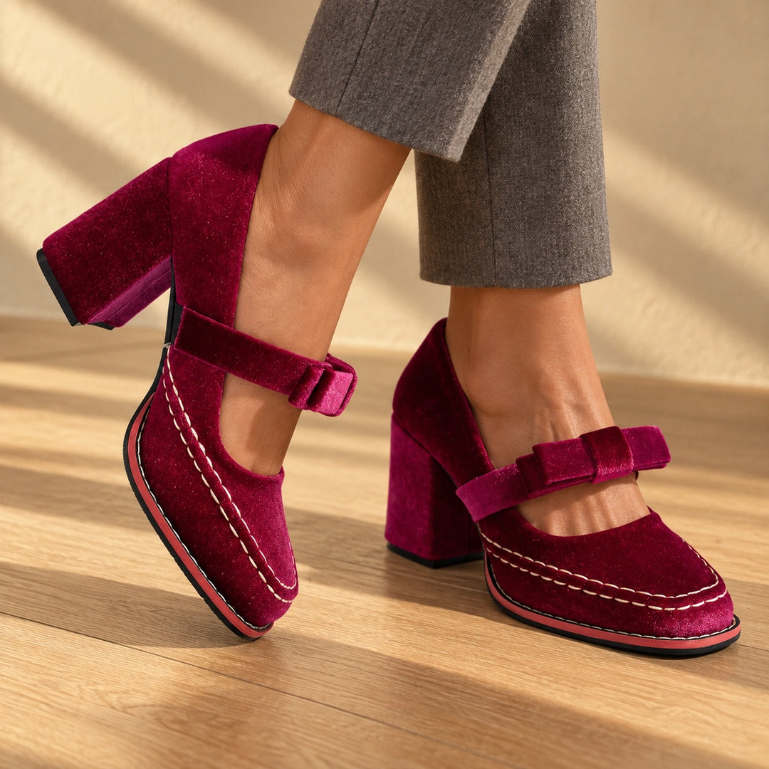Bonnie Velvet Bow Mary Jane Block Heels - Pink